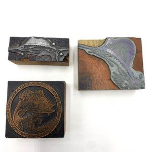 Wooden Metal Block Printing Stamps Fish Fossil Set 3, Primitive, Bass, Spearfish